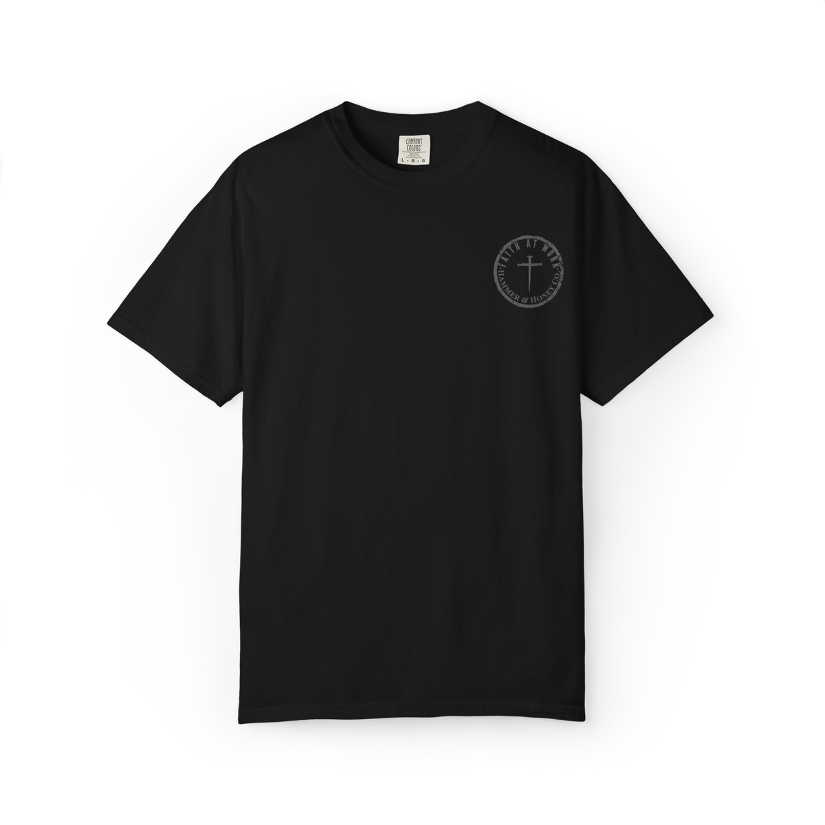 A black short-sleeve crewneck t-shirt with a small circular chest graphic on the wearer's left side, displayed against a solid white background.